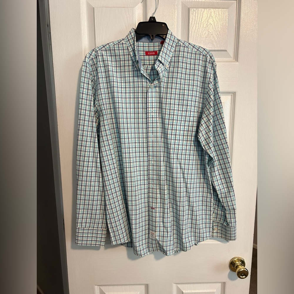 Izod Men's Green and Blue Checkered Shirt